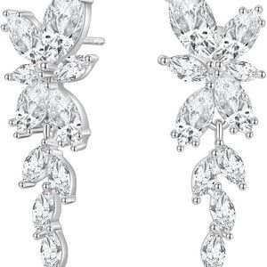Silver Dangle Earrings Women Cubic Zirconia Bridal Wedding Jewelry